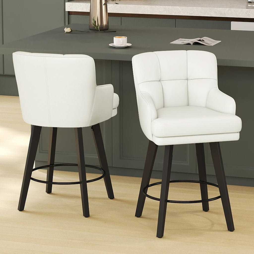 SAECKBERG 360°Swivel Counter Height Bar Stools with Back, 26 inch Solid Wood Legs, Bar Stool Modern Kitchen Island Chairs, Faux Leather (Beige- Faux Leather, 26" H- Set of 2)