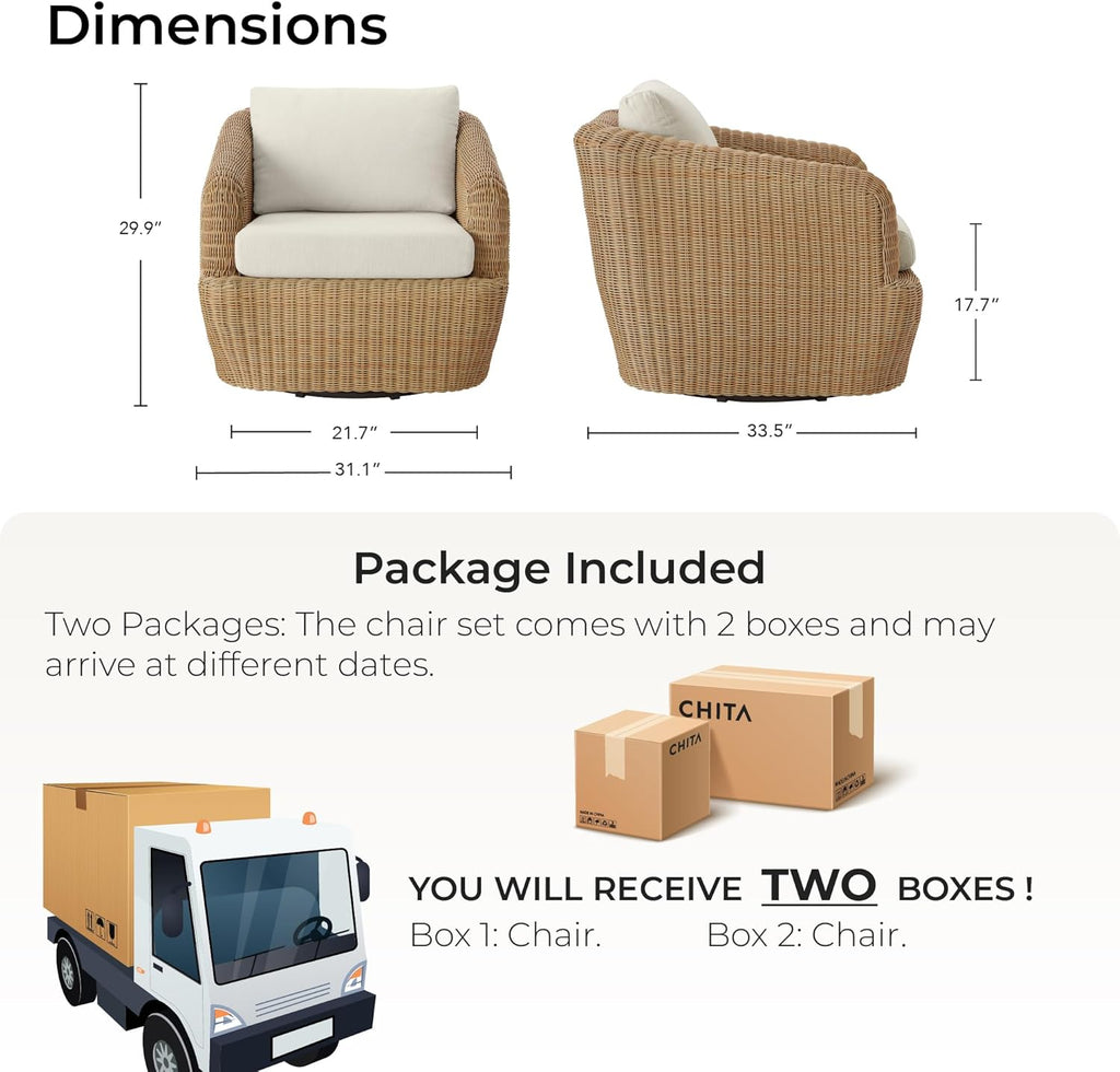CHITA 2 Pieces Patio Wicker 360° Swivel Chairs with Removable Cushion, Backyard Rattan Chair for Sunrooms, Patios, Decks, Fully Assembled(Beige Cushions with Light Brown Wicker)