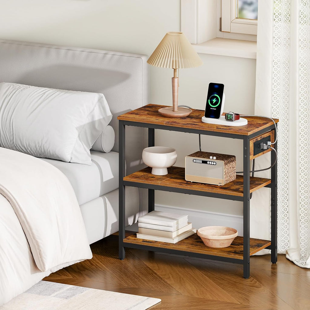 HOOBRO End Table with Charging Station, Side Table with 3 Tier Storage Shelf, Narrow Nightstand for Small Spaces, for Living Room, Bedroom, Easy Assembly, Rustic Brown and Black BF149UBZ01