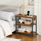 HOOBRO End Table with Charging Station, Side Table with 3 Tier Storage Shelf, Narrow Nightstand for Small Spaces, for Living Room, Bedroom, Easy Assembly, Rustic Brown and Black BF149UBZ01