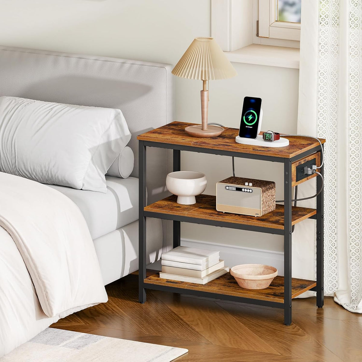HOOBRO End Table with Charging Station, Side Table with 3 Tier Storage Shelf, Narrow Nightstand for Small Spaces, for Living Room, Bedroom, Easy Assembly, Rustic Brown and Black BF149UBZ01