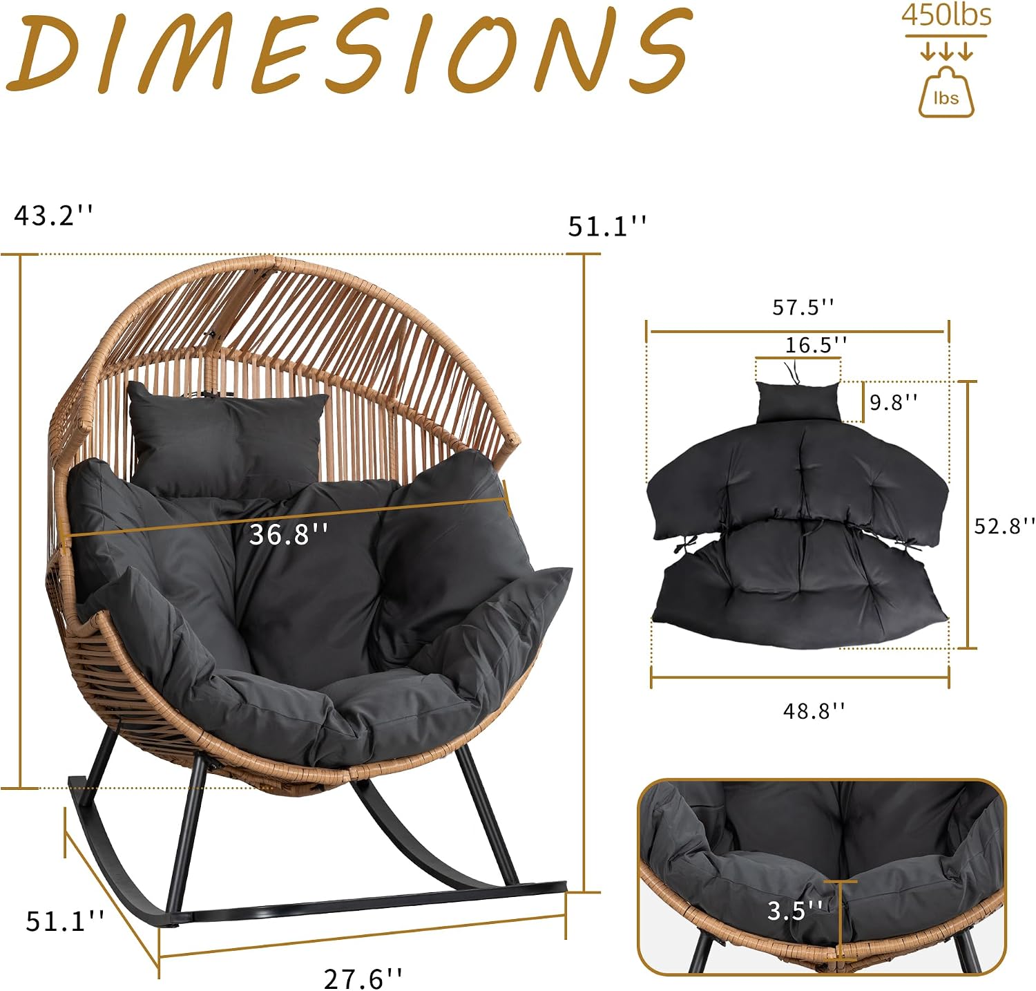 Shintenchi Wicker Egg Chair, Outdoor Indoor Rocking Chair, Large PE Rattan Rocking Chair with Cushion for Patio, Balcony, Backyard, Garden, Deep Grey