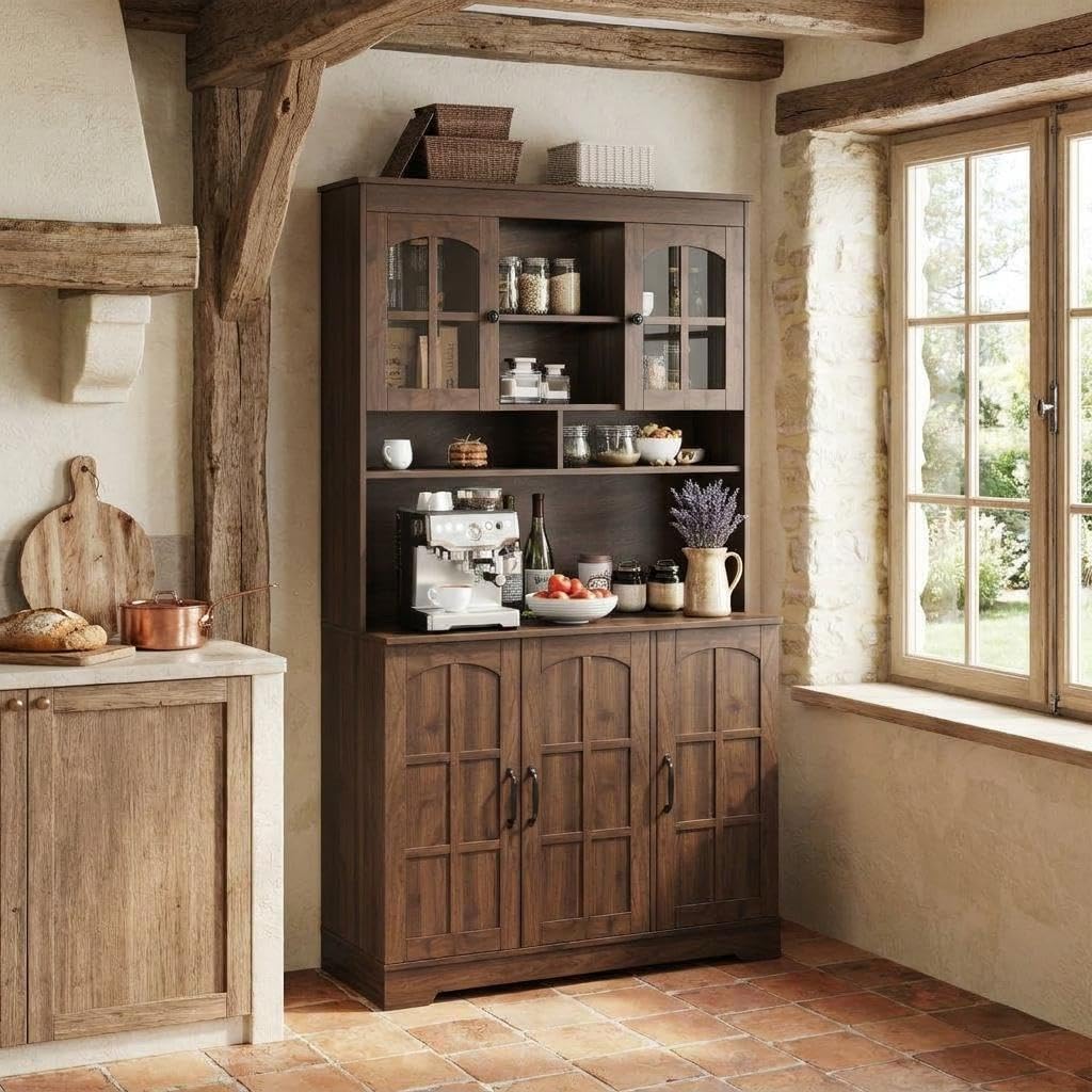 70.9" Tall Kitchen Pantry Cabinet with Glass Doors and Hutch, Freestanding Storage Cupboard with 5 Cabinets, Open Shelves & Inner Door Spice Racks, Multi-Purpose Organizer for Dining Room, Kitchen