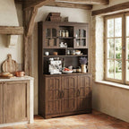 70.9" Tall Kitchen Pantry Cabinet with Glass Doors and Hutch, Freestanding Storage Cupboard with 5 Cabinets, Open Shelves & Inner Door Spice Racks, Multi-Purpose Organizer for Dining Room, Kitchen