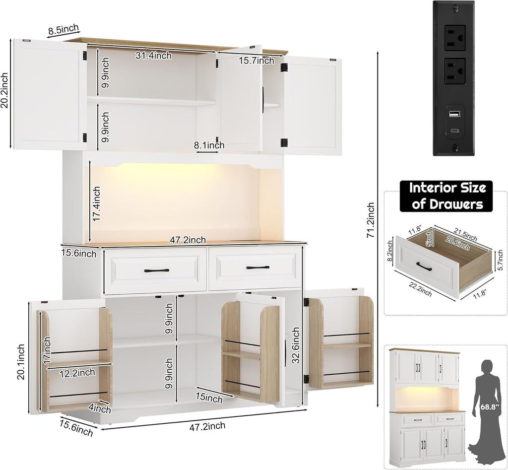 71" Tall 47" Wide Large Pantry Storage Cabinet w/ Power Outlet,LED Light,Farmhouse Kitchen Hutch Food Pantry Cabinet,2 Drawer,8 Doors Shelves,Open Countertop for Kitchens,Dining Room,white