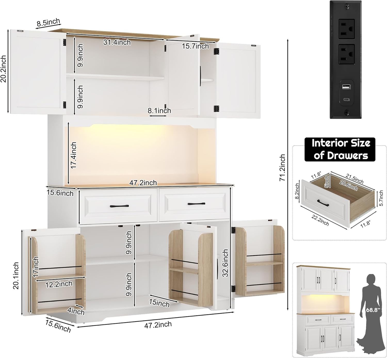 71" Tall 47" Wide Large Pantry Storage Cabinet w/ Power Outlet,LED Light,Farmhouse Kitchen Hutch Food Pantry Cabinet,2 Drawer,8 Doors Shelves,Open Countertop for Kitchens,Dining Room,white