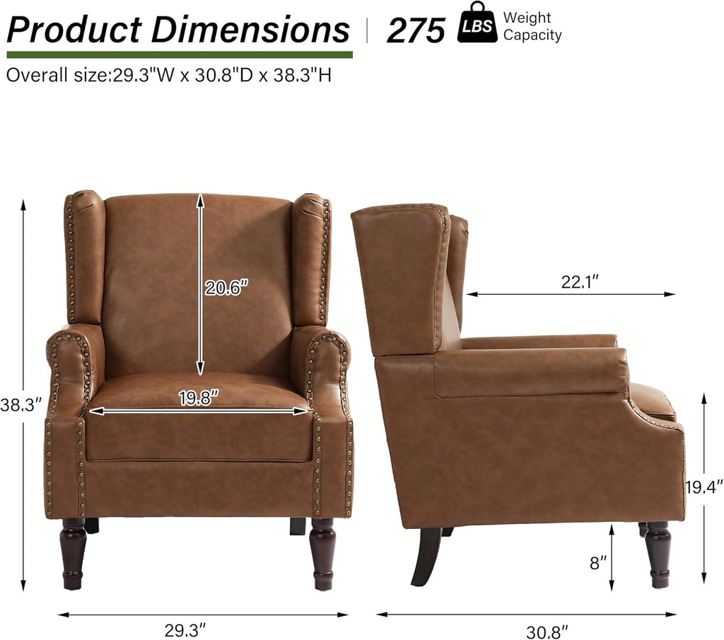 PU Leather High Back Accent Chair, Upholstered Armchair with Solid Wood Legs, Comfy Wingback Reading Single Sofa Chair for Small Spaces, Living Room, Bedroom(Leather Brown, Set of 2)