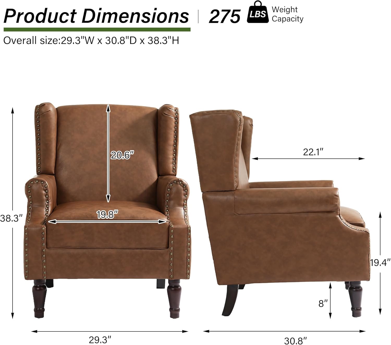 PU Leather High Back Accent Chair, Upholstered Armchair with Solid Wood Legs, Comfy Wingback Reading Single Sofa Chair for Small Spaces, Living Room, Bedroom(Leather Brown, Set of 2)