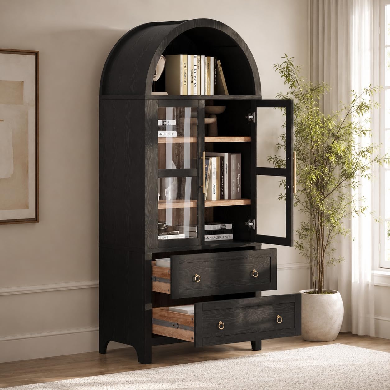 71" Tall Arched Kitchen Pantry Cabinet with Glass Doors, Modern Wood China Cabinet Storage Hutch with 2 Storage Compartment and Adjustable Shelves, Suitable for Dining Room, Coffee Bar