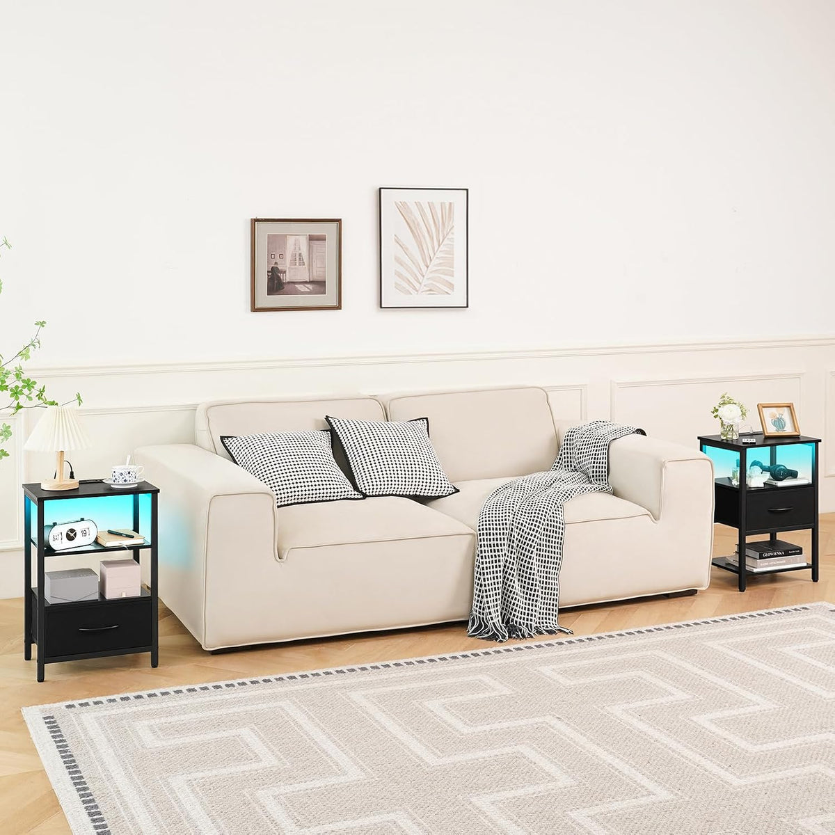 Yoobure Side Table with Storage, LED Night Stand with Charging Station, End Tables Living Room, Nightstand for Bedroom with Adjustable Fabric Drawer, 3-Tier Wood Bedside Table, Black