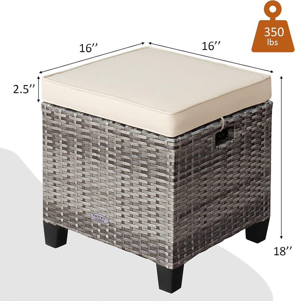 LDAILY Moccha 2 Pieces Patio Outdoor Ottoman, All Weather Rattan Patio Ottoman Set w/Removable Cushions, Footrest Seat Outdoor Footstool (Mix Grey + White)