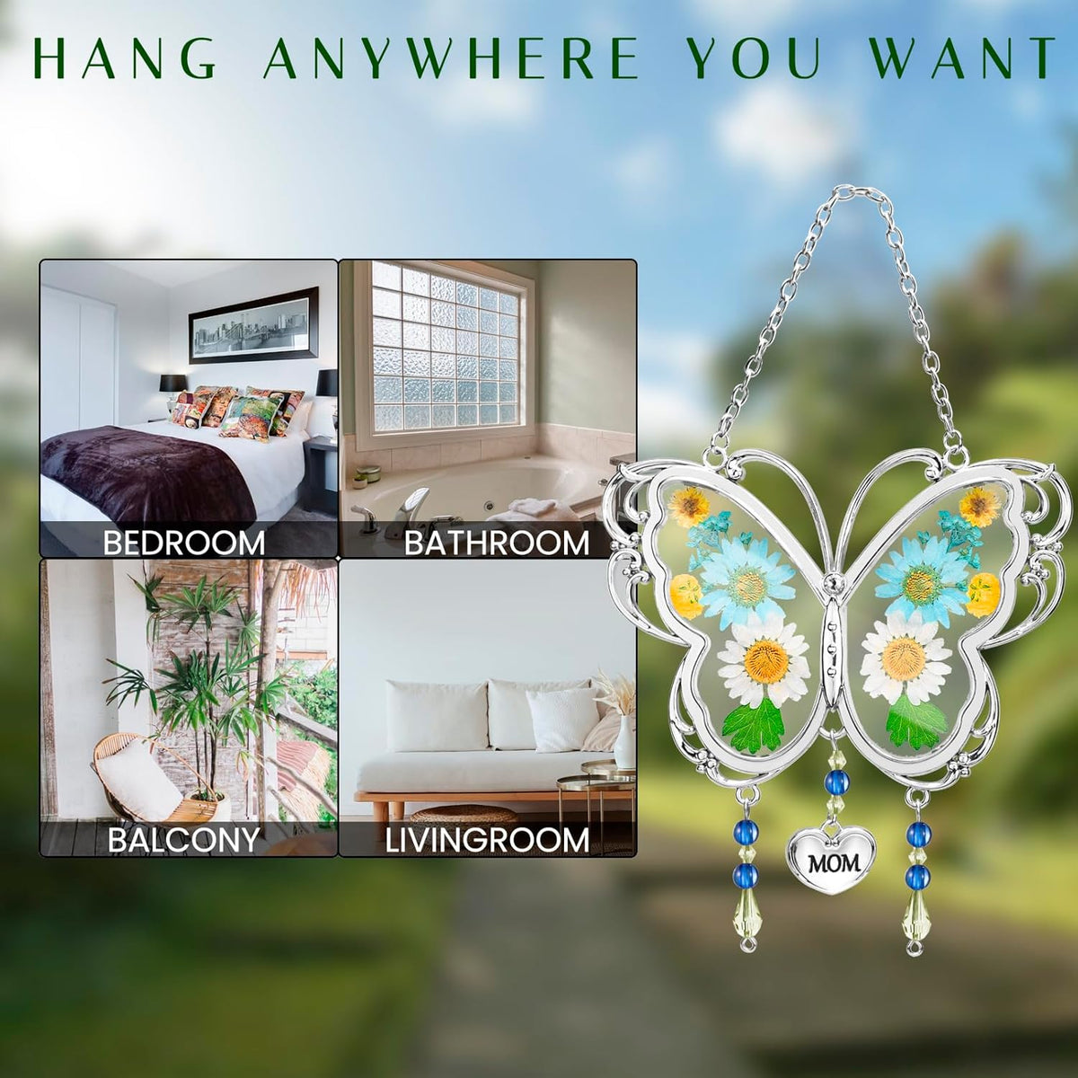 LARAINE Butterfly Suncatcher with Pressed Flower Wings Mom Mother's Day Butterfly Glass Wind Chime Ornament Charm with Metal Heart Gifts for Mom Grandma Aunt Birthday (Grandma, Blue)