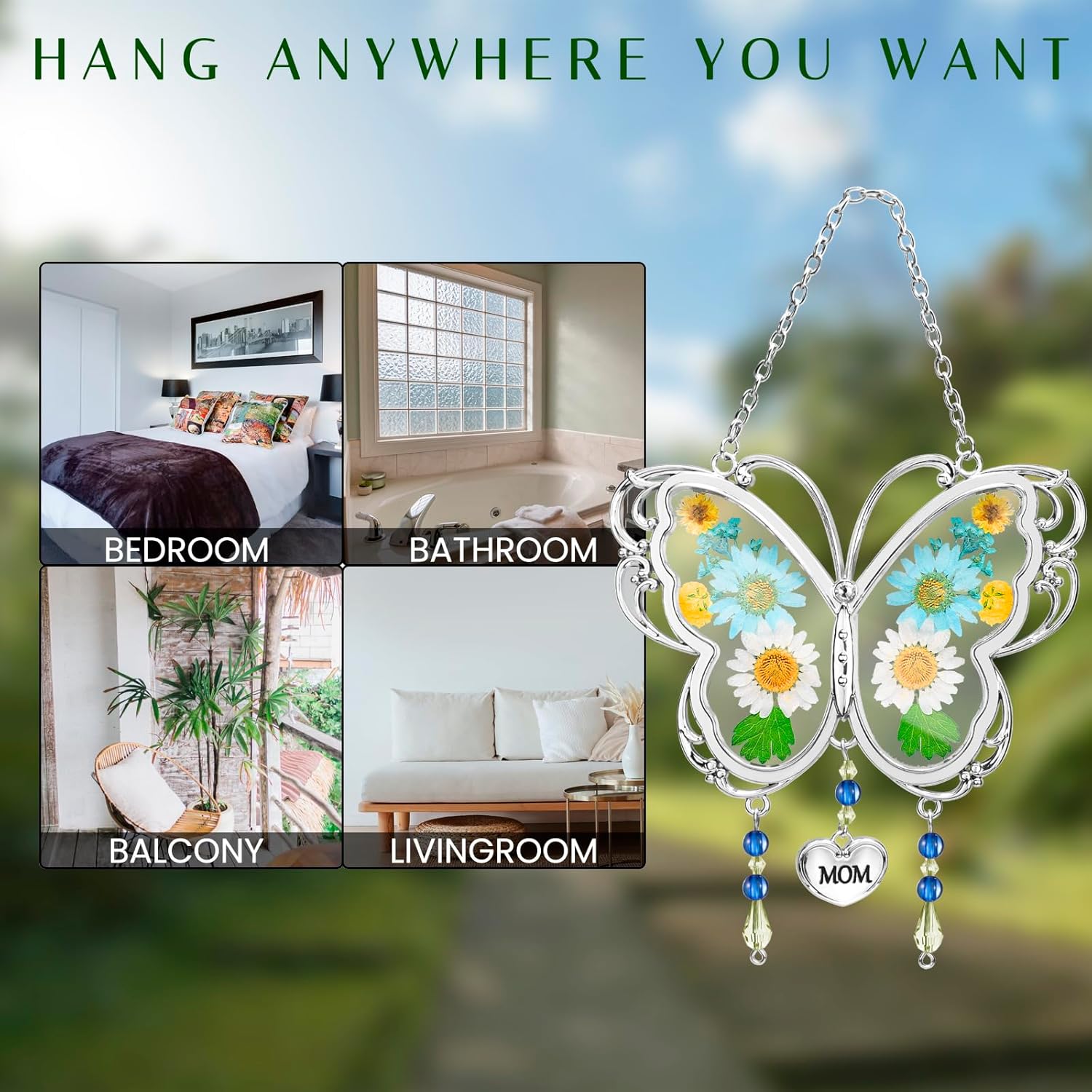 LARAINE Butterfly Suncatcher with Pressed Flower Wings Mother's Day Butterfly Glass Wind Chime Ornament Charm with Metal Heart Gifts for Grandma Aunt Birthday (Mom, Blue)