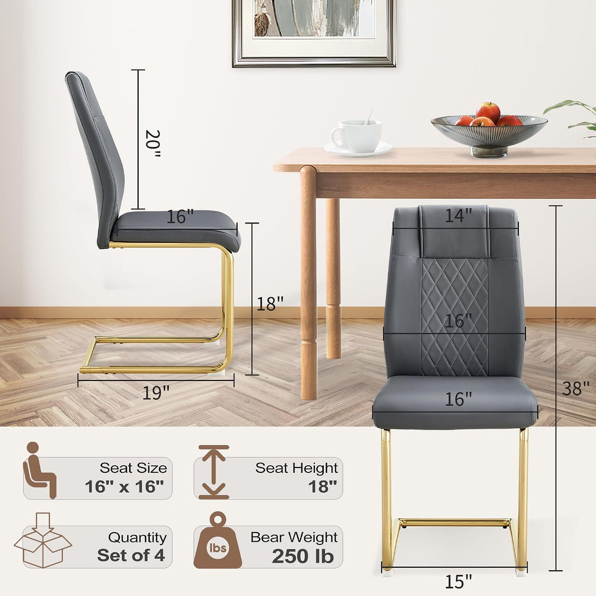 cinkehome Modern Gray Dining Chairs Set of 4 with Gold Metal Legs, High Back Upholstered Armless Side Chair for Kitchen, Dining Room, Faux Leather