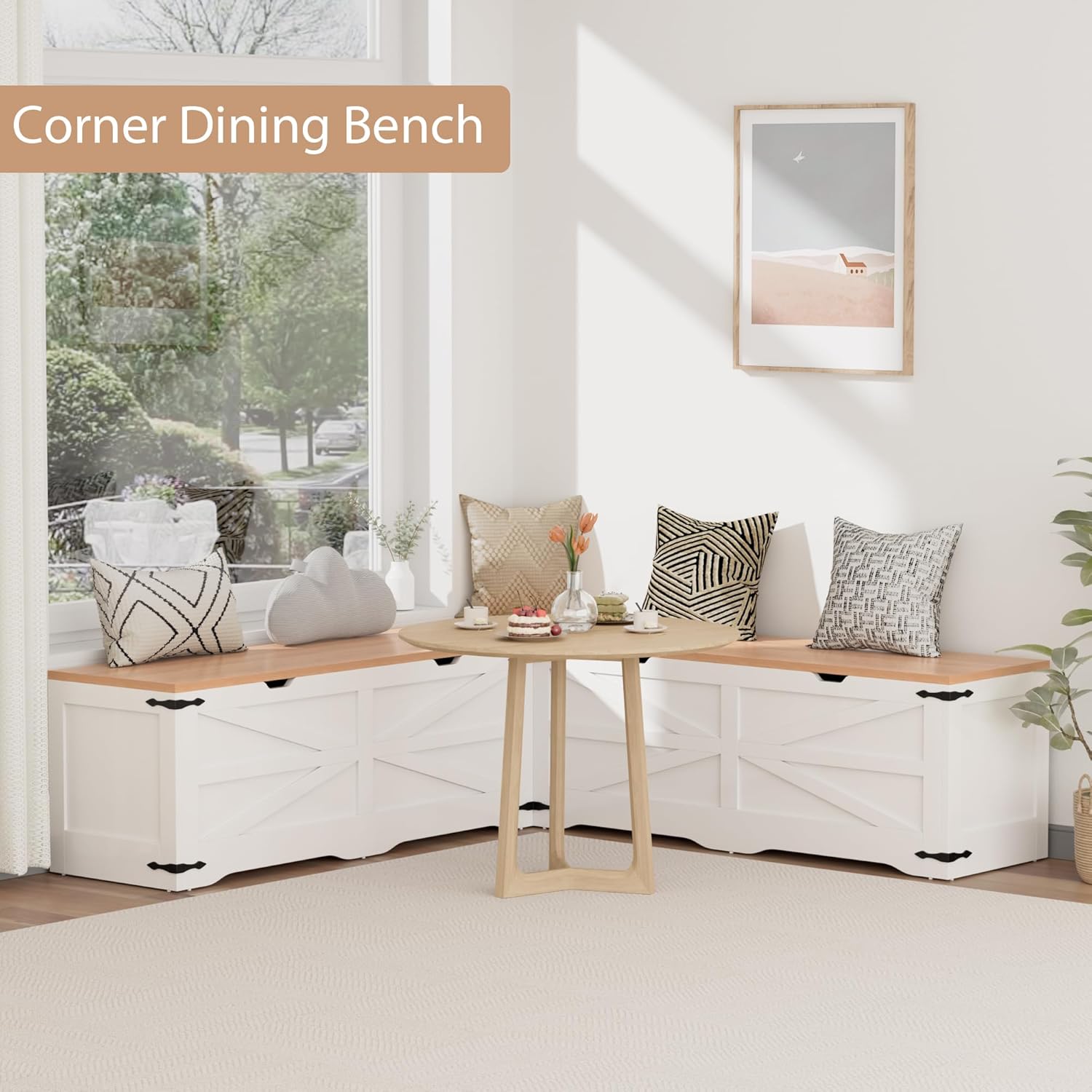 L Shape Storage Bench, Kitchen Breakfast Nook Bench, Farmhouse Corner Bench with Storage for Entryway, Dining Room, Kitchen