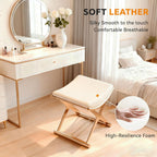 Vanity Stool Chair - Upholstered Makeup Stool with Leather Cushion - Modern Small Ottoman for Bedroom, Living Room, and Bathroom