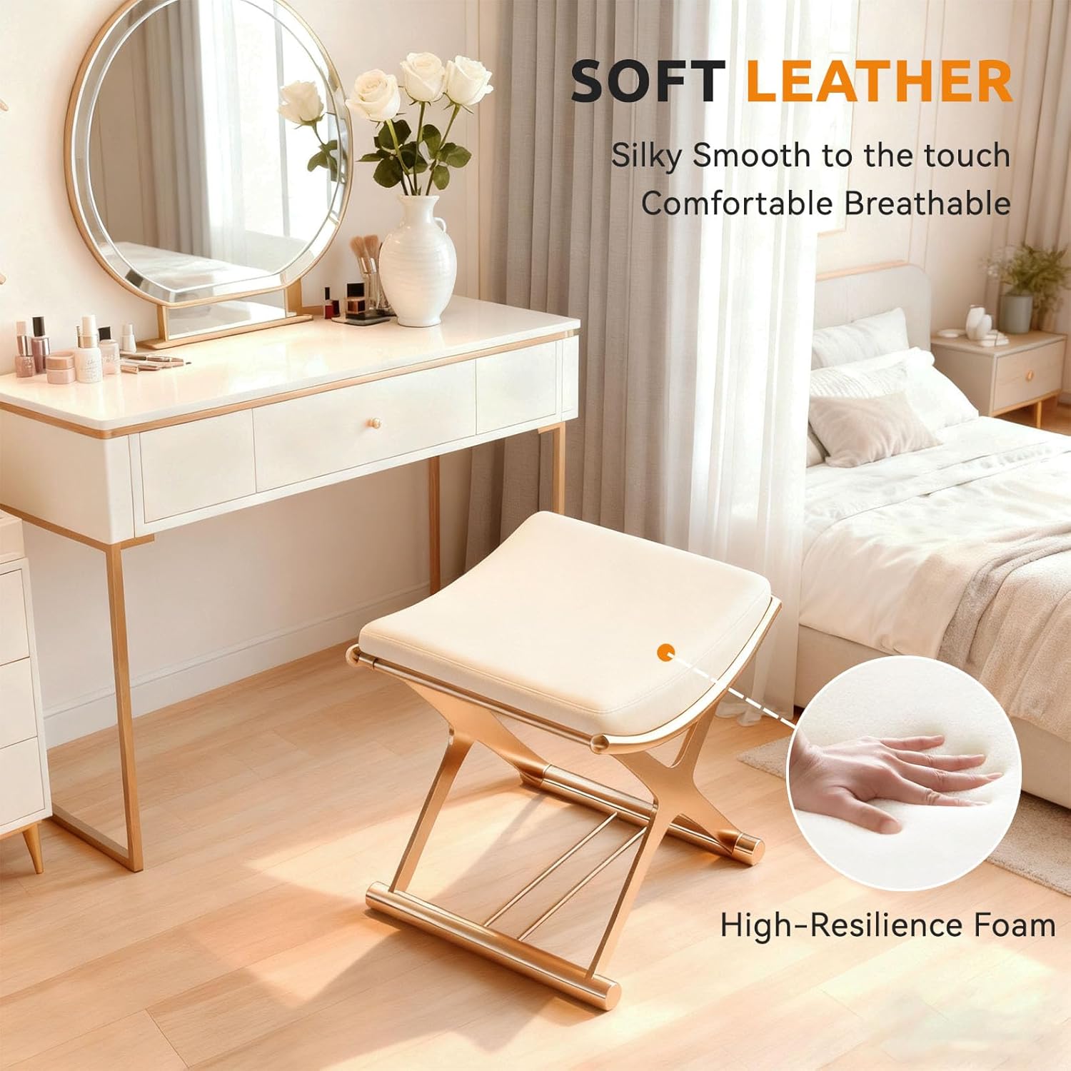 Vanity Stool Chair - Upholstered Makeup Stool with Leather Cushion - Modern Small Ottoman for Bedroom, Living Room, and Bathroom