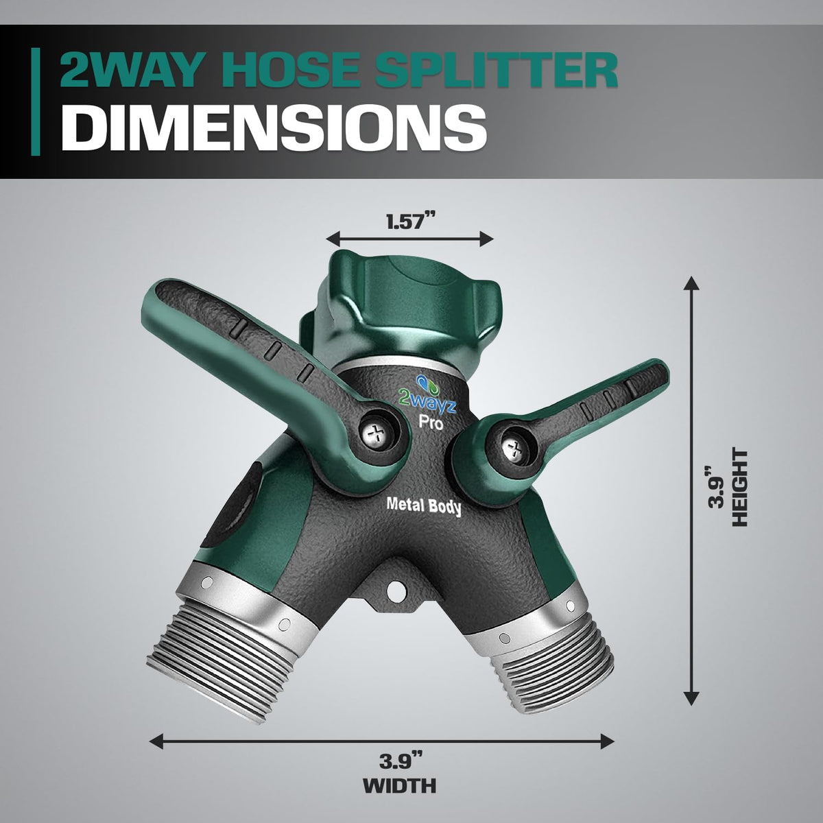 2WAYZ Hose Splitter 2 Way Heavy Duty Outdoor Faucet and Garden Connector - Water Spigot Splitter - Durable All-Metal Y Adapter with Shut-Off Valve - 4 x 4 x 1.5 Inches