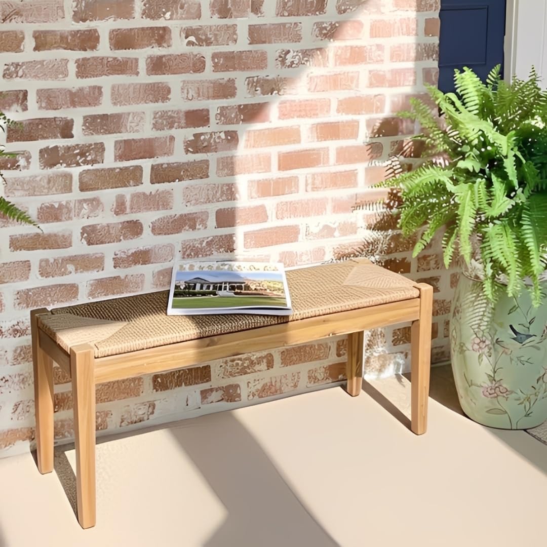 Vintage Entryway Bench, 45 inch Acacia Wood Bench with Woven Rope Seat, Wicker Bench Indoor for Hallway, End of Bed, Rustic Farmhouse Boho Style, Rope Dining Bench (Natural)