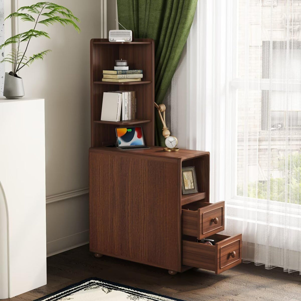 JIJIWANG Tall End Table with Drawers, 47.2" Corner Shelf Table with Open Storage, Narrow Side Table for Bedroom Living Room Small Space, Walnut