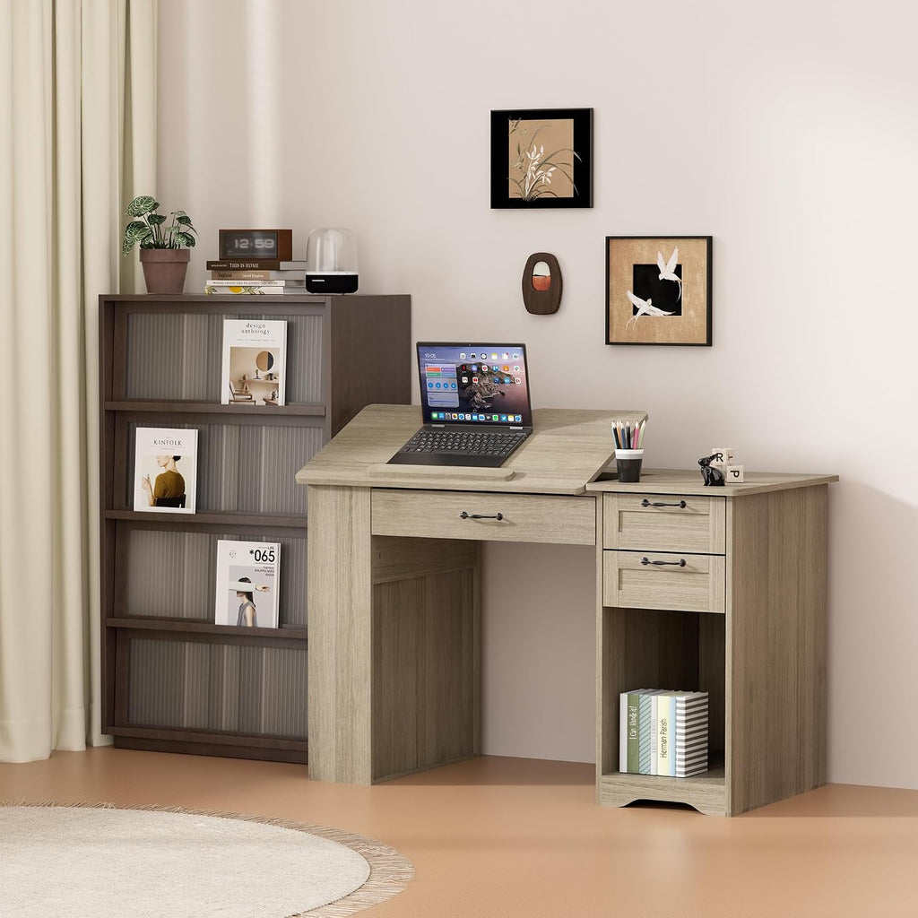 Drafting Table with Storage Cabinet & Drawers, Adjustable Drawing Table with Open Shelves, Craft Art Desk for Artists, Painters, Drawing, Crafting, Reading, Writing, Working (Grey)