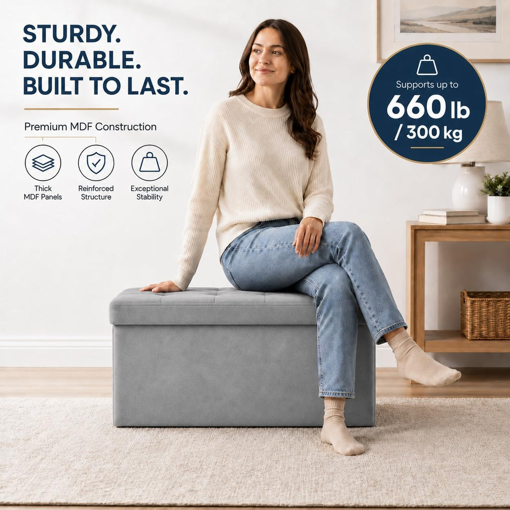 ALASDO 30 Inch Folding Storage Ottoman Bench with Hidden Storage, Velvet Storage Ottoman Foot Rest Stool, End of Bed Bench for Bedroom, Living Room, Entryway and Closet, Dark Gray