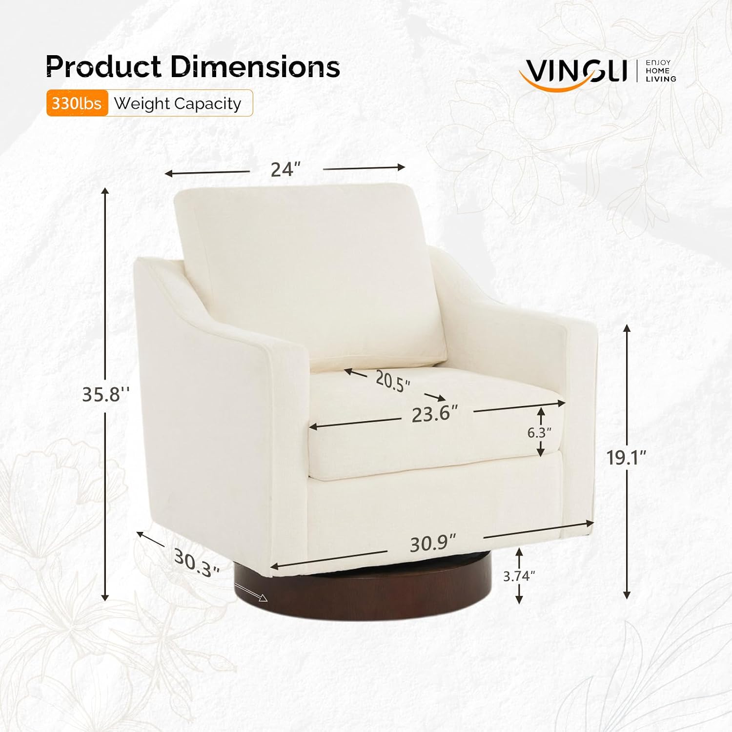 VINGLI Mid-Century Modern Swivel Accent Chair, 360°Upholstered Armchair, Home Sofa with Track Arms for Living Room, Bedroom, Reading Room, Club Swivel Chair,Chenille Beige