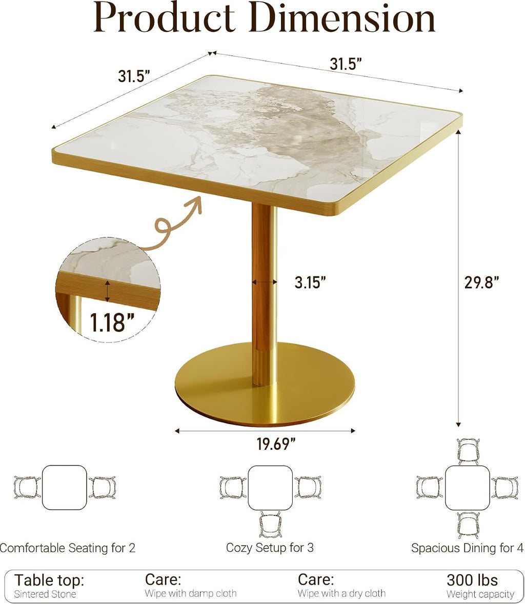 31.5" Square Dining Table, Square Restaurant Table with 1.2" Thick Sintered Stone Tabletop and Golden Metal Pedestal Base, Bistro Table for Diner, Bar, kitchen, Bakery, Apartment (Marble Patterns)