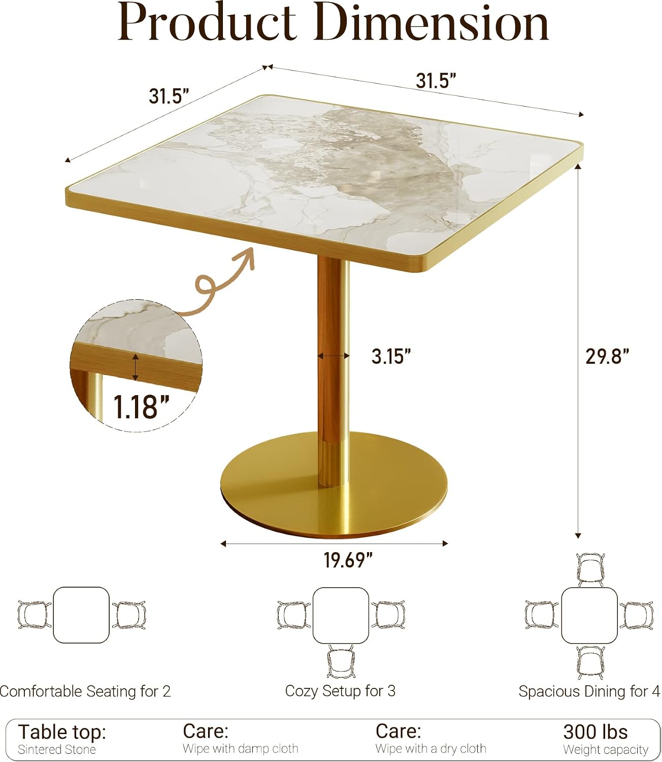 31.5" Square Dining Table, Square Restaurant Table with 1.2" Thick Sintered Stone Tabletop and Golden Metal Pedestal Base, Bistro Table for Diner, Bar, kitchen, Bakery, Apartment (Marble Patterns)