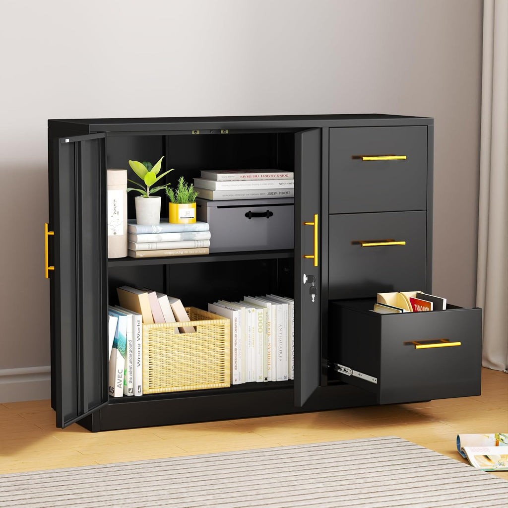 Tokawa Large Metal Office Storage Cabinet with 3 Drawers & 2 Doors, 46.46" Wide Credenza with Gold Handles, Stationary Sideboard & Printer Stand for Home Office, Black 1