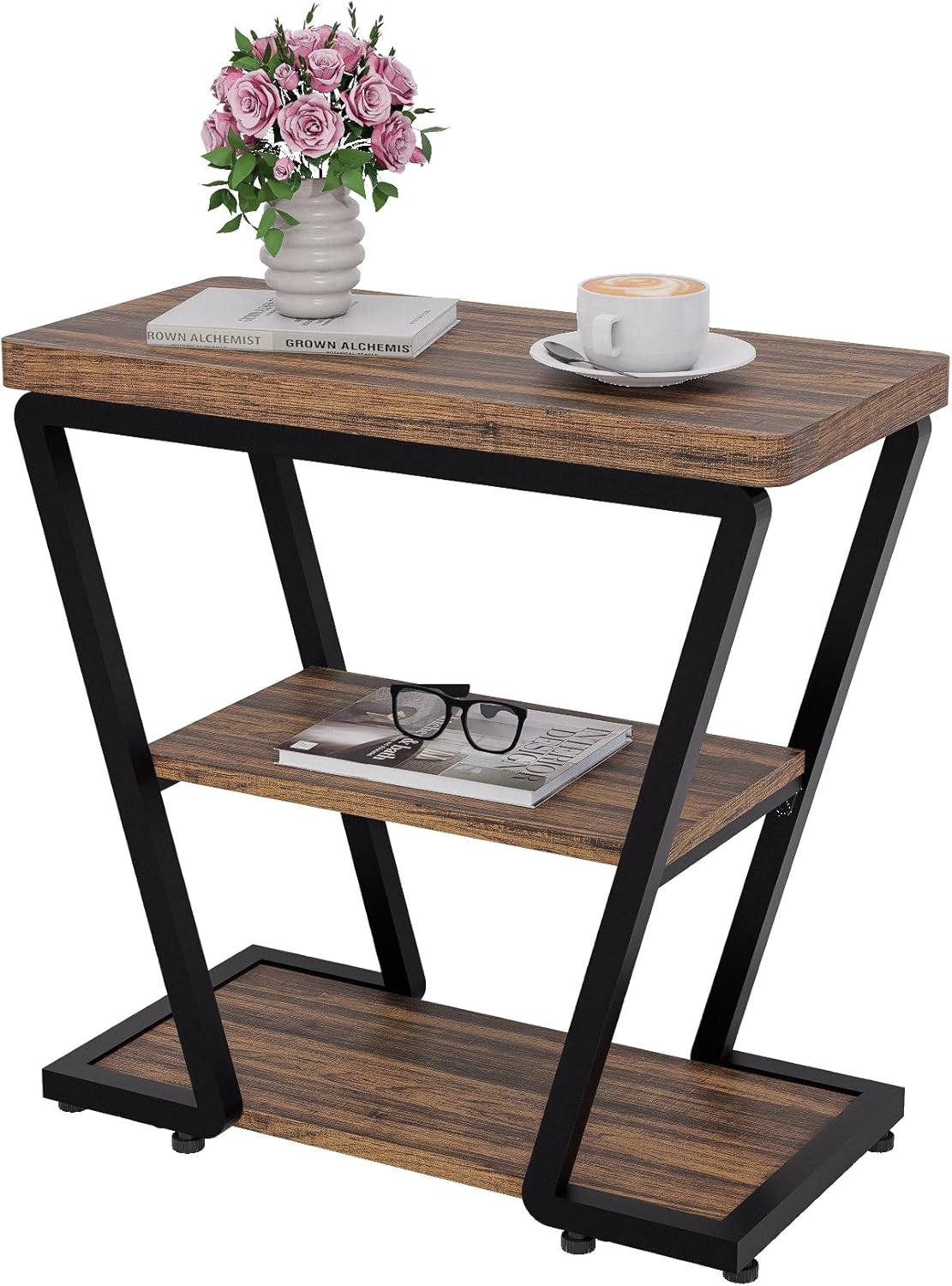 Narrow End Table for Small Spaces, 3-Tier Sofa Side Table with Storage Shelf, Wood and Metal Nightstand for Living Room Bedroom, Rustic Brown