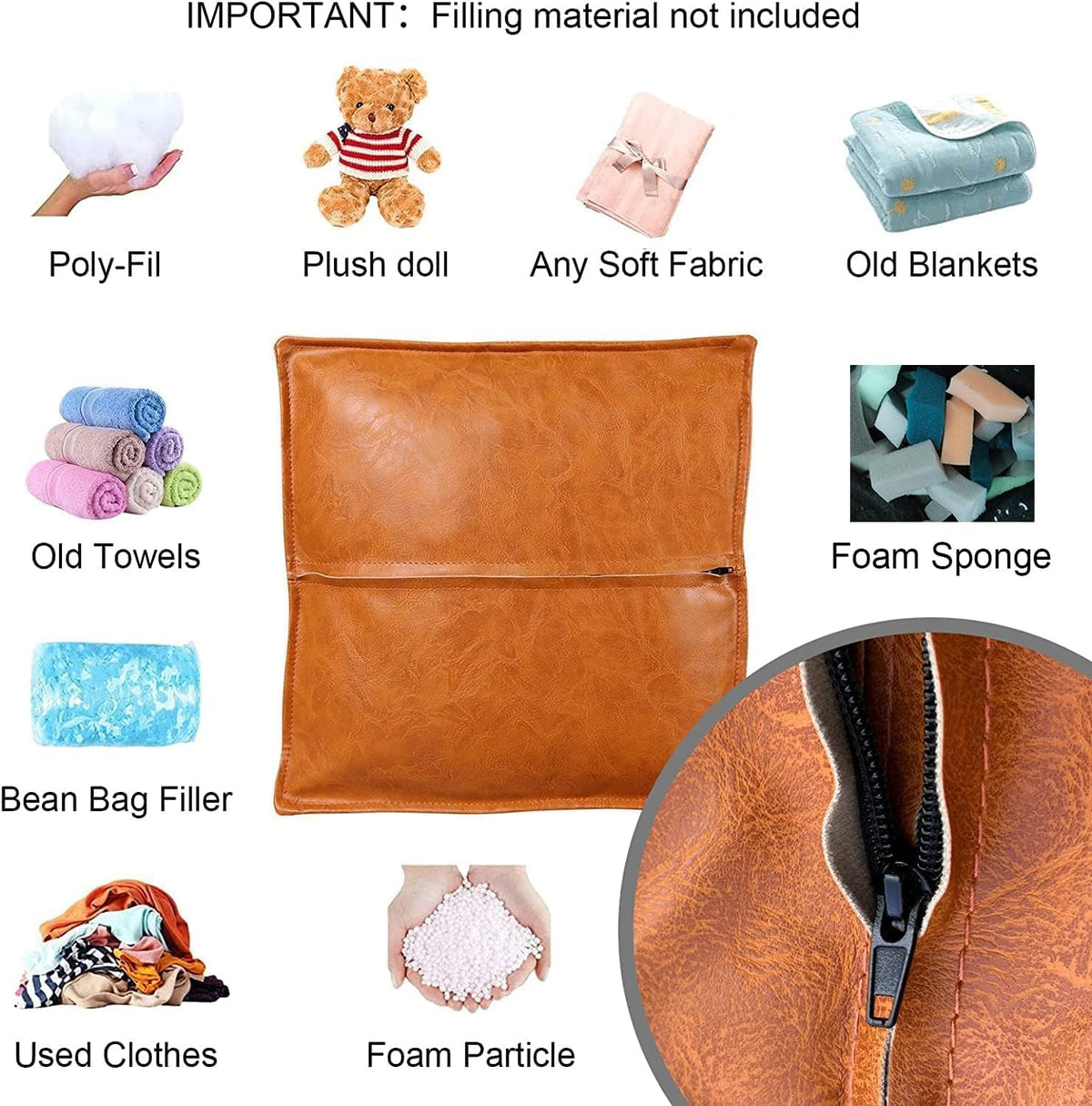 Pouf Ottoman, Unstuffed Pouf Cover, Handmade Faux PU Leather Moroccan, Orange Brown 17.7" Square, Foot Rest for Living Room, Floor Chair Gifts for Men Women, (Only Cover)