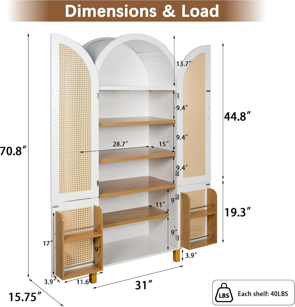 KEIKI 71" Tall Storage Cabinet with Arched Rattan Doors, Freestanding Floor Cabinet with Adjustable Shelves and Built-in Racks, Modern Farmhouse Organizer for Living Room, Kitchen, Study, White