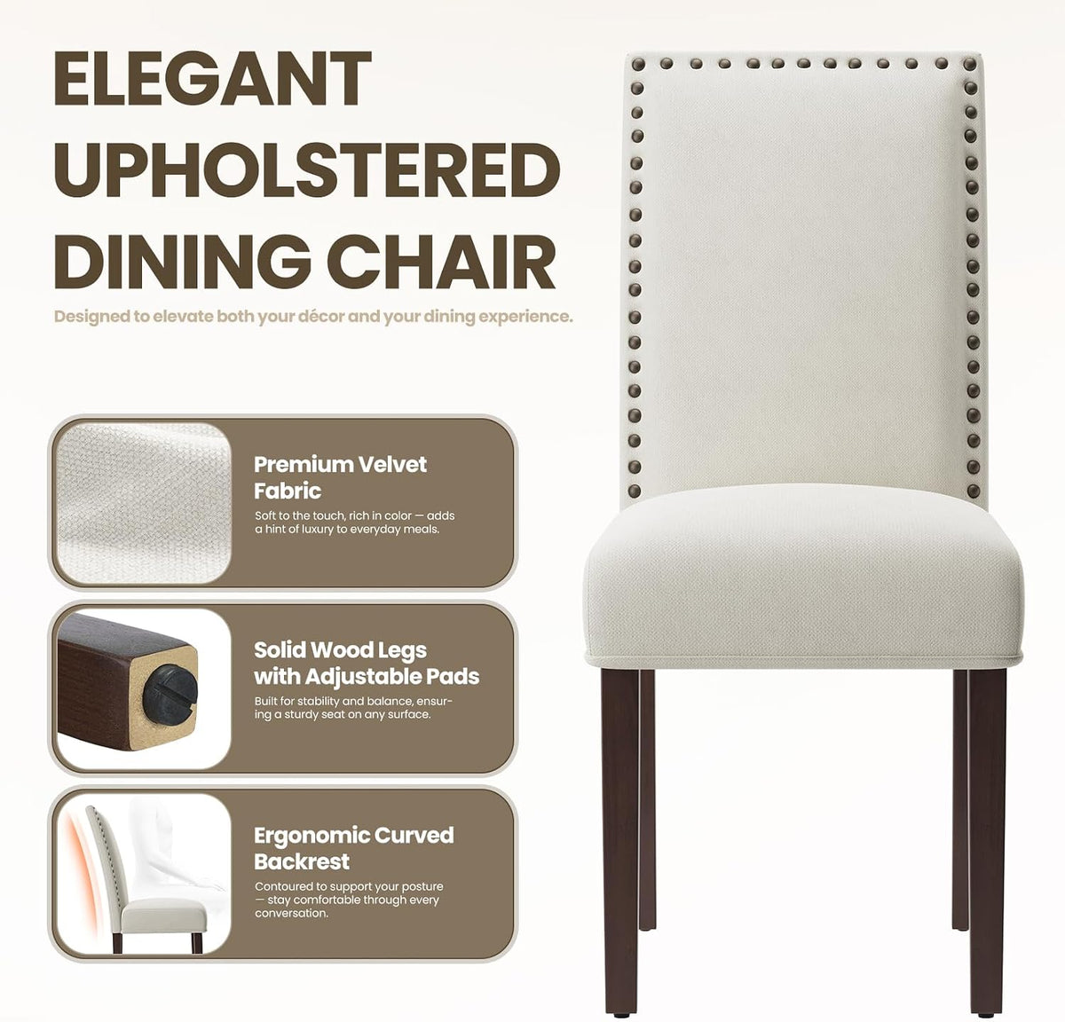 MALOL Velvet Dining Chairs Set of 2, Upholstered Kitchen Chairs with Thick Cushion & Solid Wood Legs, Adjustable Foot Pads, Elegant Chairs for Dining Room/Kitchen/Living Room