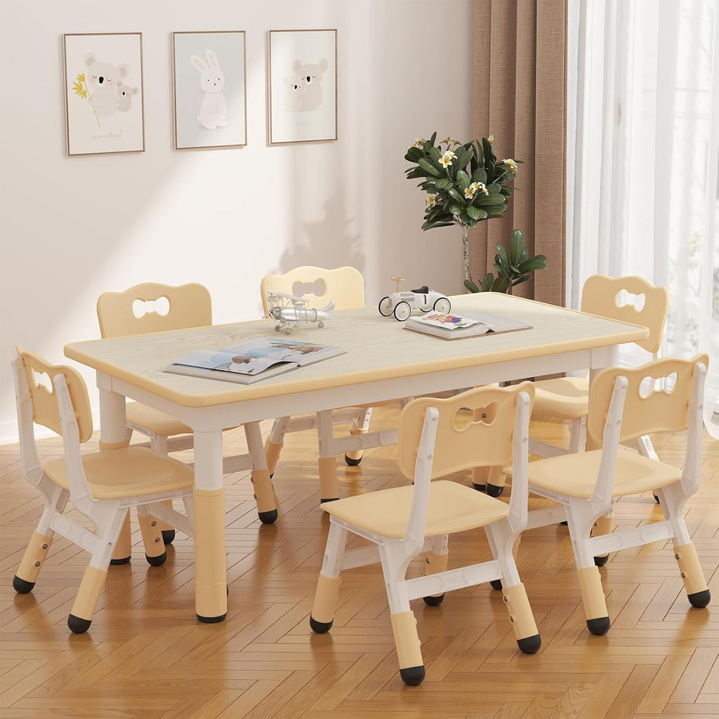 IDEALHOUSE Kids Table with 6 Chairs Set, Toddler Activity Table with Chairs | Adjustable Height & Storage Boxes, 47" x 24" Wood Grain Top, for Home, Classroom, Daycare, Natural (Water Pen Not Included)