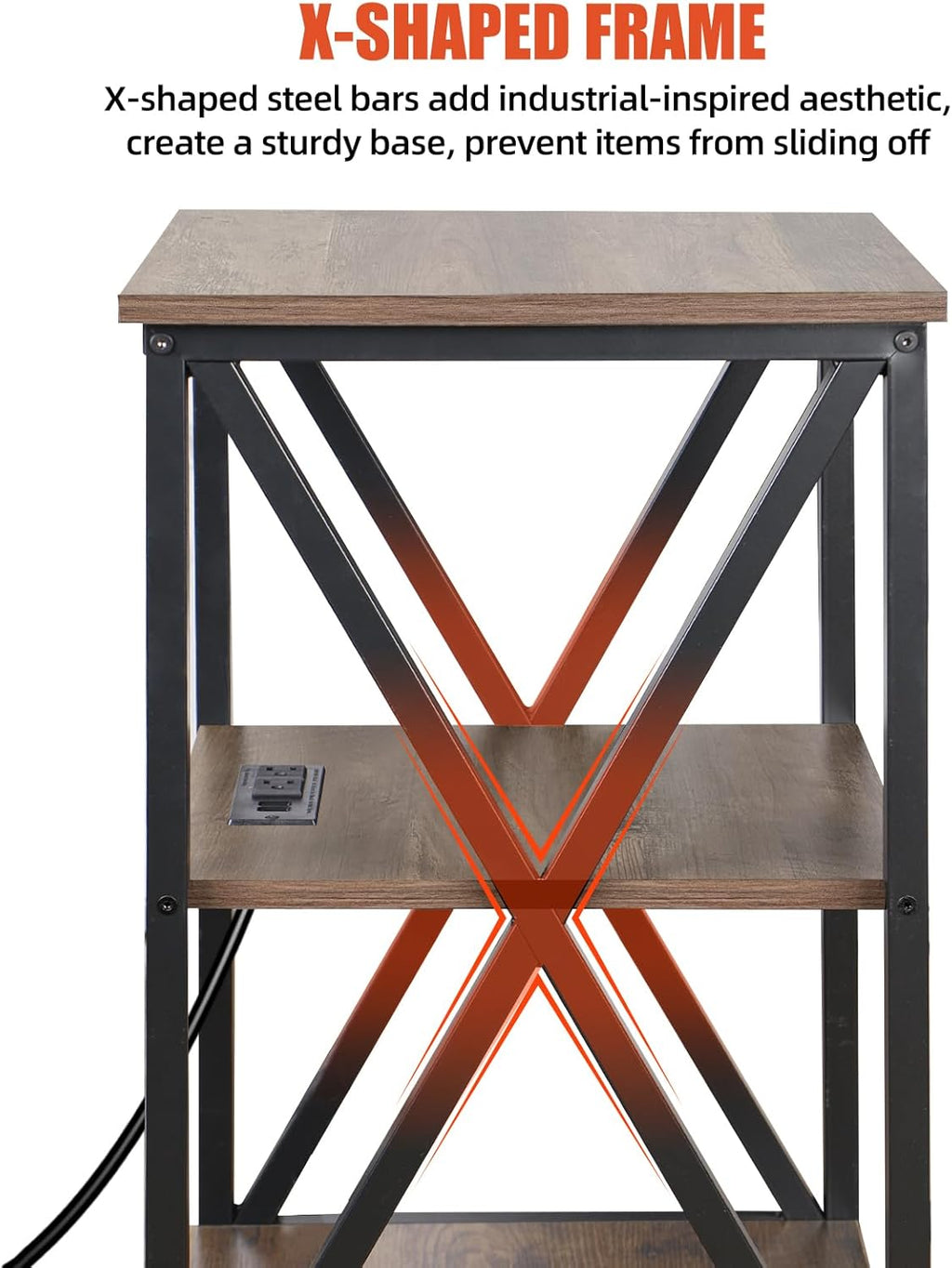 End Tables Living Room Set of 2, Square End Table with Charging Station, 16" D X 16" W X 28" H, Wood and Metal Table with USB Ports and Outlets, Side Table with Wheels for Living Room, Bedroom, Grey