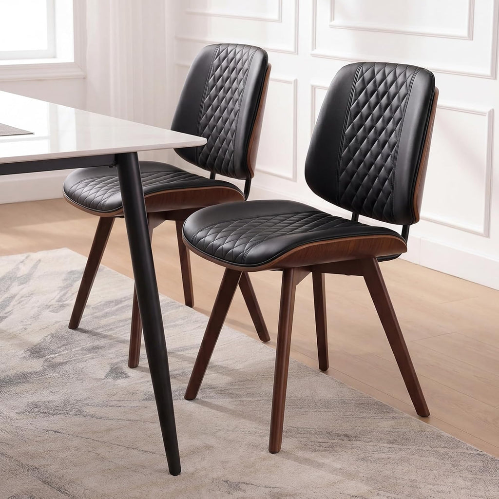BV Dining Chairs Set of 4, PU Leather Armless Kitchen Chair in Modern Walnut Style, Mid Century Bentwood Side Chair with Wood Legs, Retro Accent Guest Chair for Kitchen Dining Room(Black)