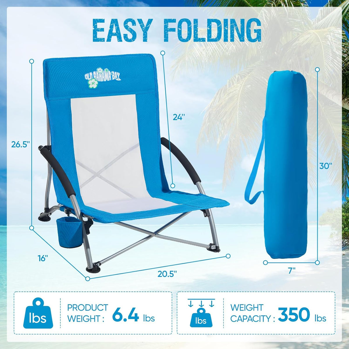 Old Bahama Bay Folding Beach Chair 2 Pack, Beach Chairs for Adults Low Beach Camping Chair with Cup Holder Mesh Back for Outdoor Fishing Sand Lawn, Supports up to 350lbs