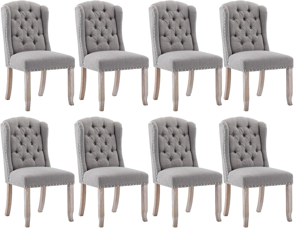 Ya-Home Modern Tufted Dining Chairs Set of 8, Upholstered Kitchen Room Side Chairs Accent Chairs with Wingback Nail Trims Wood Legs, Farmhouse Guest Chairs for Dining Room, Living Room, Linen Grey