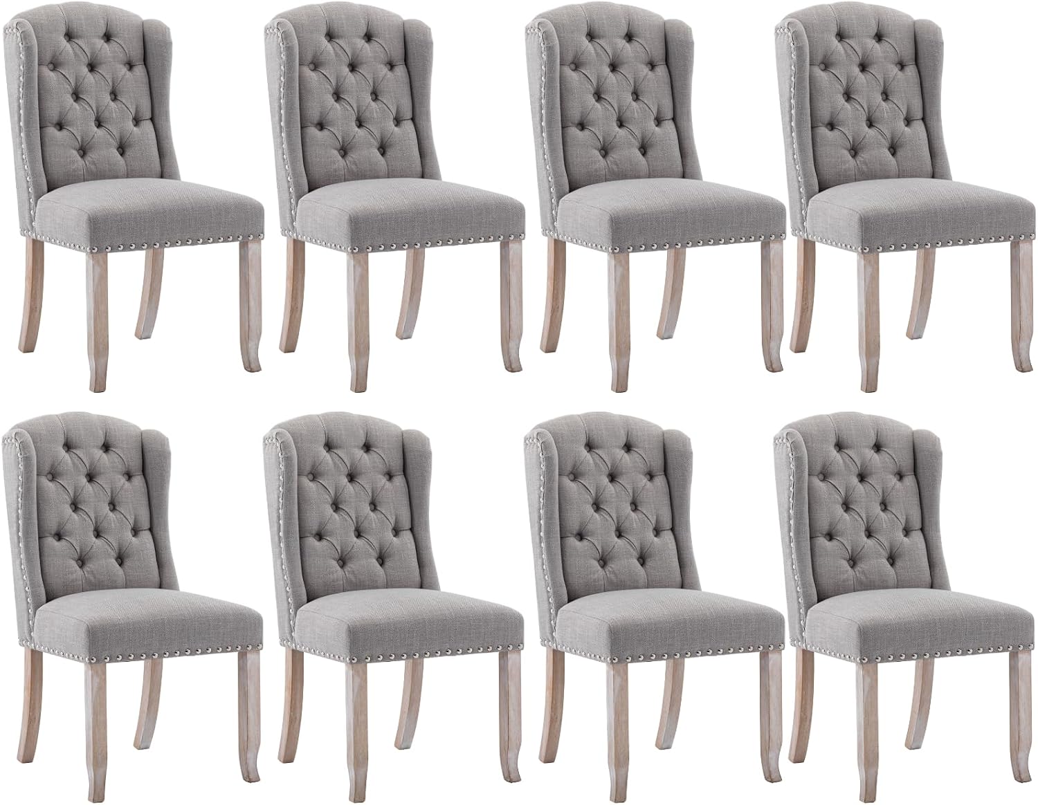 Ya-Home Modern Tufted Dining Chairs Set of 8, Upholstered Kitchen Room Side Chairs Accent Chairs with Wingback Nail Trims Wood Legs, Farmhouse Guest Chairs for Dining Room, Living Room, Linen Grey