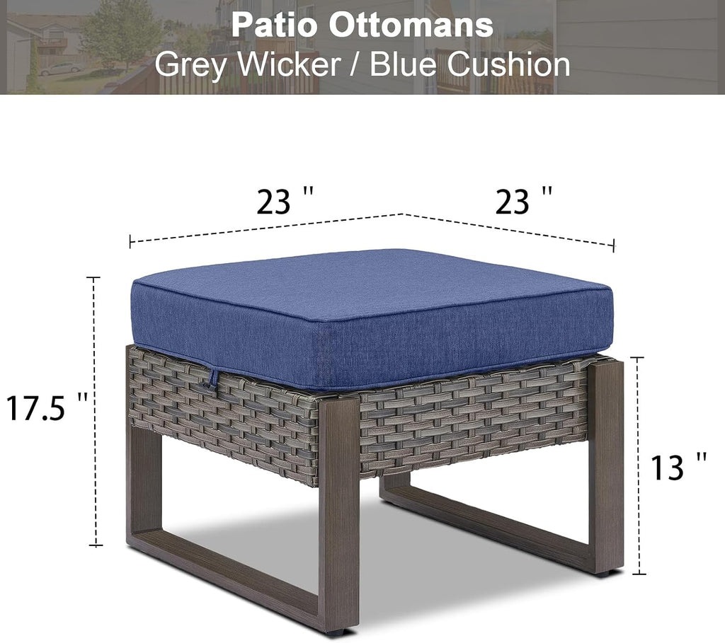 Belord Outdoor Ottomans for Patio - 250 LBS Weight Capacity Wicker Foot Rest Set of 2 with Woodgrain Lacquered Metal Frame Multipurpose Outdoor Foot Stool for Porch Balcony Backyard (Grey/Blue)