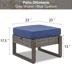 Belord Outdoor Ottomans for Patio - 250 LBS Weight Capacity Wicker Foot Rest Set of 2 with Woodgrain Lacquered Metal Frame Multipurpose Outdoor Foot Stool for Porch Balcony Backyard (Grey/Blue)