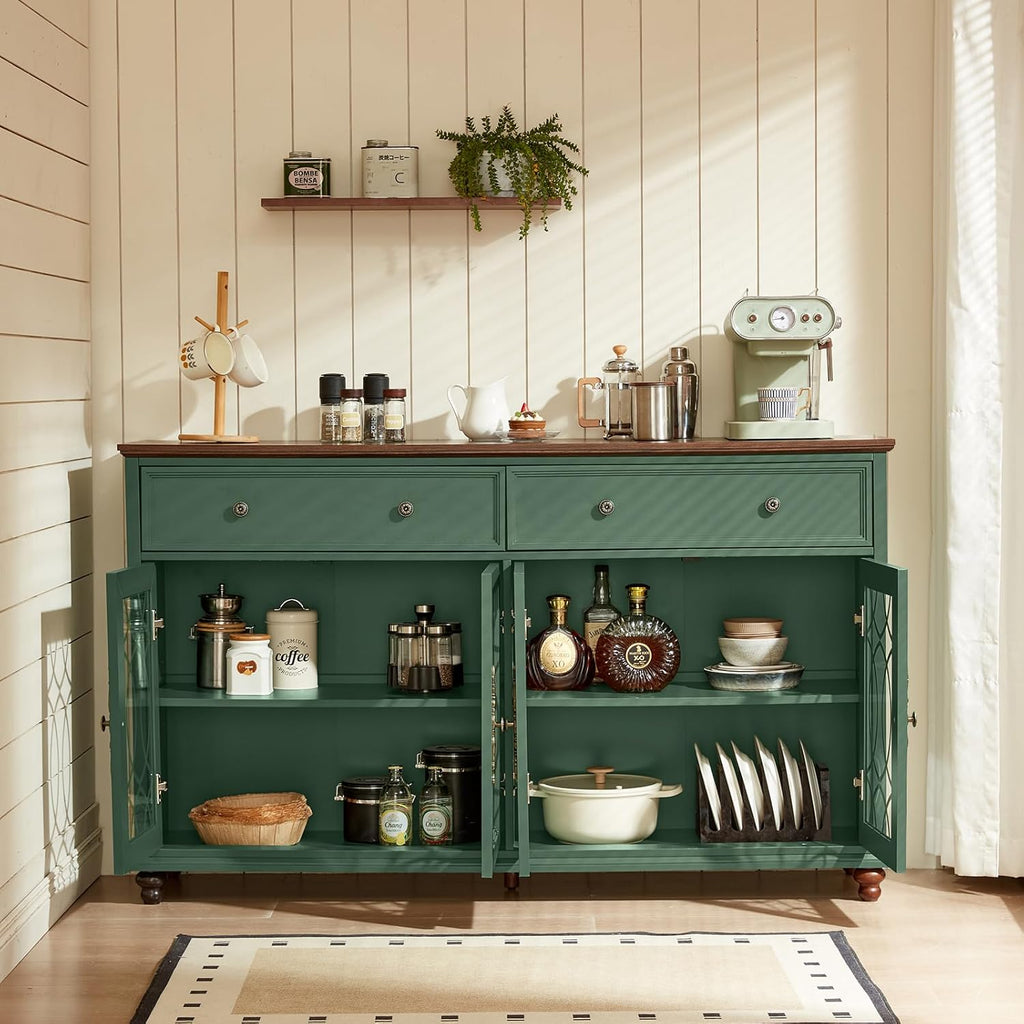Joaxswe Farmhouse Sideboard Buffet Cabinet with Storage,Adjustable Shelves Console Table,59" Large Credenza with 4 Glass Doors & 2 Drawers,Wood Kitchen Coffee Bar for Dining Room,Living Room,Green