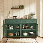 Joaxswe Farmhouse Sideboard Buffet Cabinet with Storage,Adjustable Shelves Console Table,59" Large Credenza with 4 Glass Doors & 2 Drawers,Wood Kitchen Coffee Bar for Dining Room,Living Room,Green