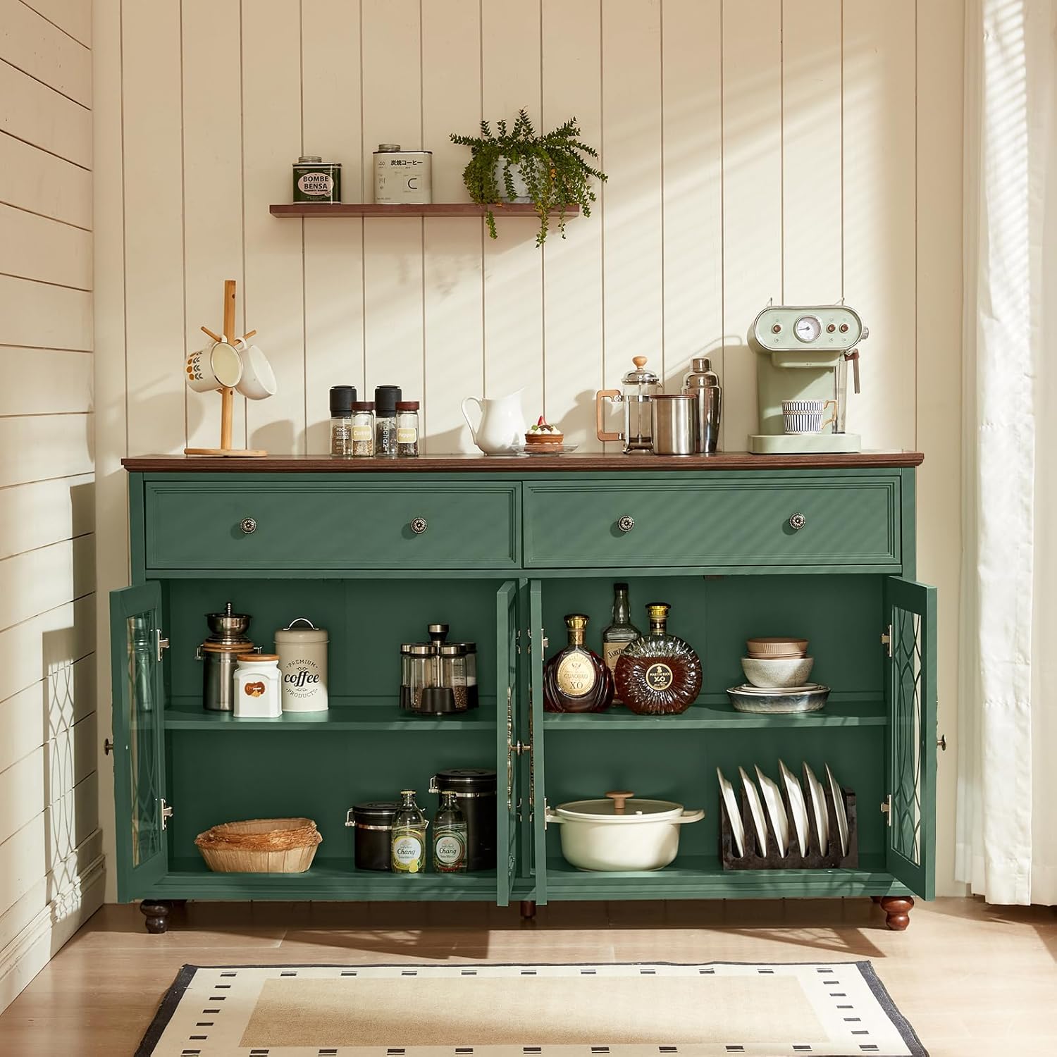 Joaxswe Farmhouse Sideboard Buffet Cabinet with Storage,Adjustable Shelves Console Table,59" Large Credenza with 4 Glass Doors & 2 Drawers,Wood Kitchen Coffee Bar for Dining Room,Living Room,Green