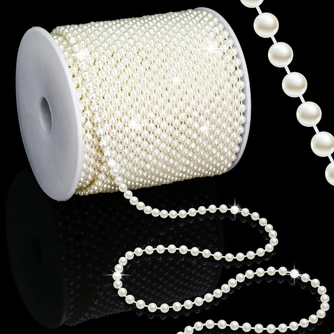 99 Feet 4mm Faux Pearl String Garland for Crafts, Artificial Pearl Beaded Trim Chain Strands for Wedding Centerpieces Bouquet Party Christmas Tree Decoration, Ivory