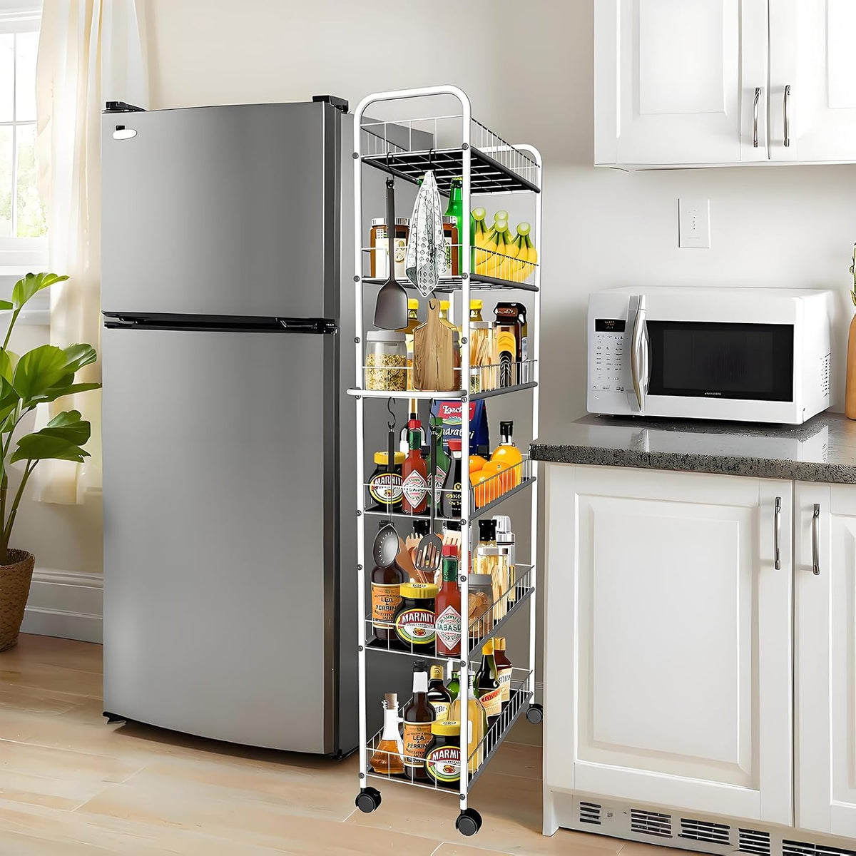 10in 6 Tier Slim Storage Cart with Wheels, Narrow Space Rolling Shelving Unit with Handle, Metal Wire Mobile Organizer Rack for Kitchen Bathroom Office Laundry