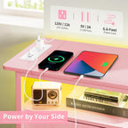 Yoobure End Table with Charging Station, Pink Narrow Nightstand LED Bedside Table, Small Night Stand End Tables Living Room, Skinny Nightstand with 3 Fabric Drawers, Side Table for Small Spaces
