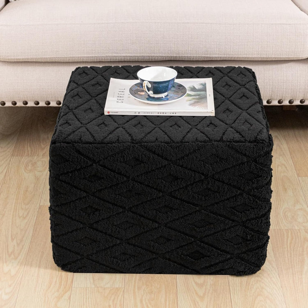 Fluffy Square Ottoman Pouf with All-in-One Foam Filling 20 x 14 Inches Furry Ottoman Foot Rest Foot Stool for Living Room or Bedroom (Black)