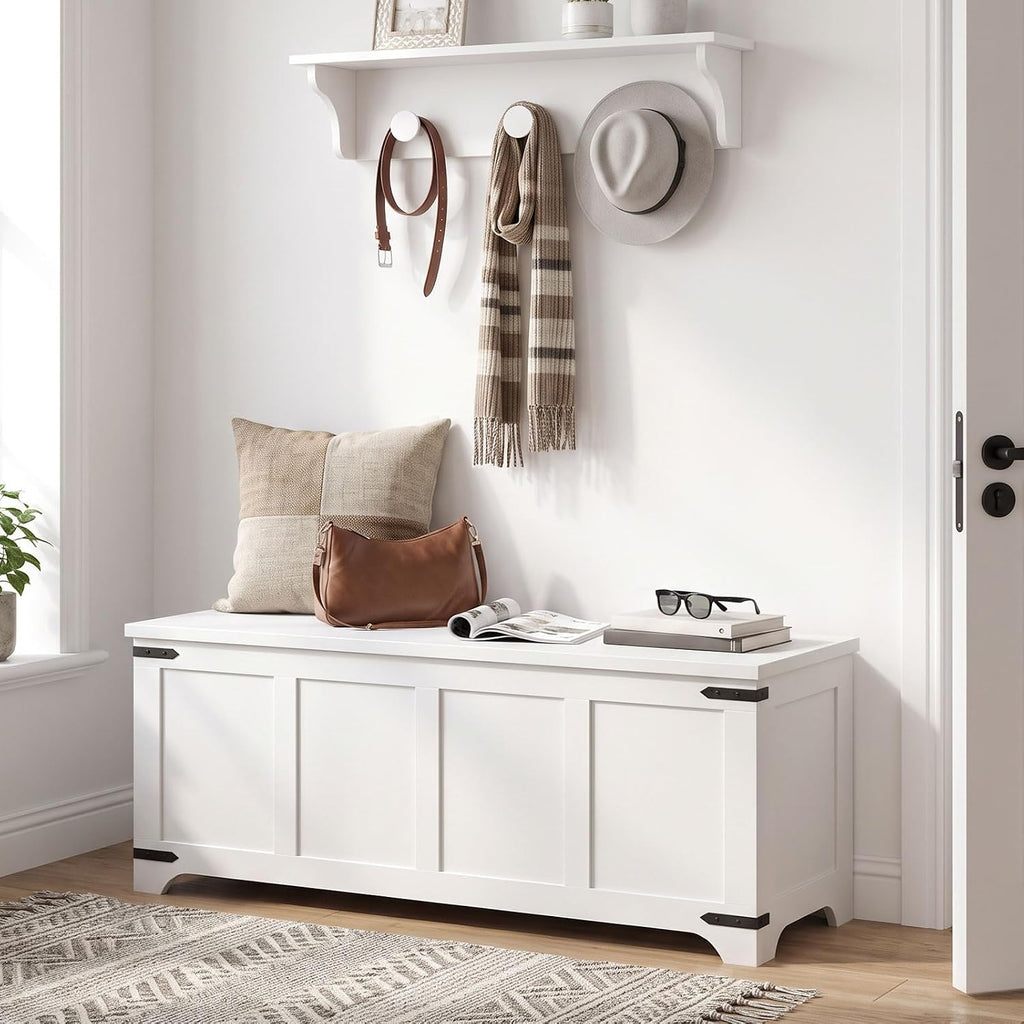 MAHANCRIS 47.2" Storage Chest Extra Large, Wooden Storage Bench with 2 Safety Hinges, Entryway Shoe Bench, 47.2x15.7x19.7 Inch, Easy Assembly, Storage Trunk for Living Room, Bedroom, White SCBW4901